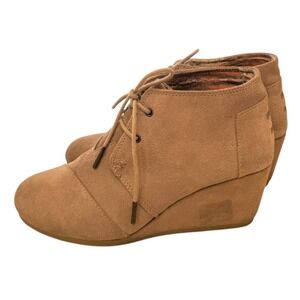 TOMS Women's Taupe Suede Wedge Ankle Boots Lace Up Booties Shoes SZ‎ 8 1/2